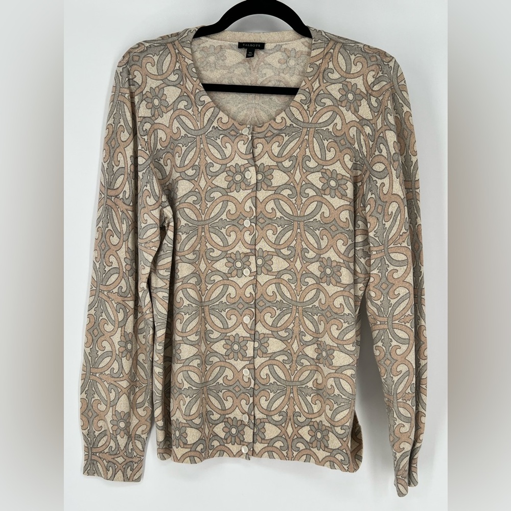 Talbots button-front cardigan sweater in a metallic floral‎ scrollwork pattern.